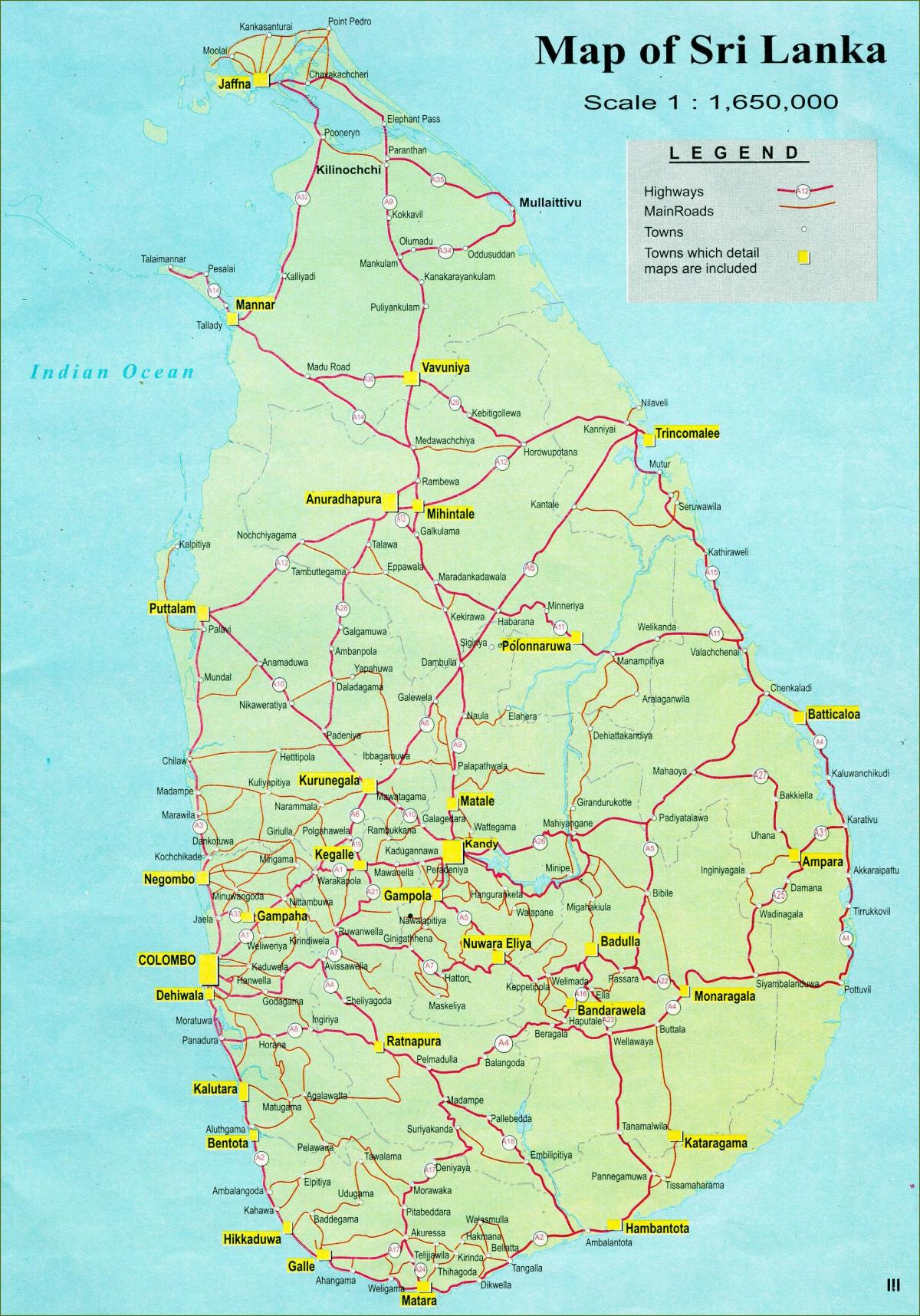 แผนที่ของนักท่องเที่ยวหน่อยบนแผนที่ของศรีลังกา name กับถนน