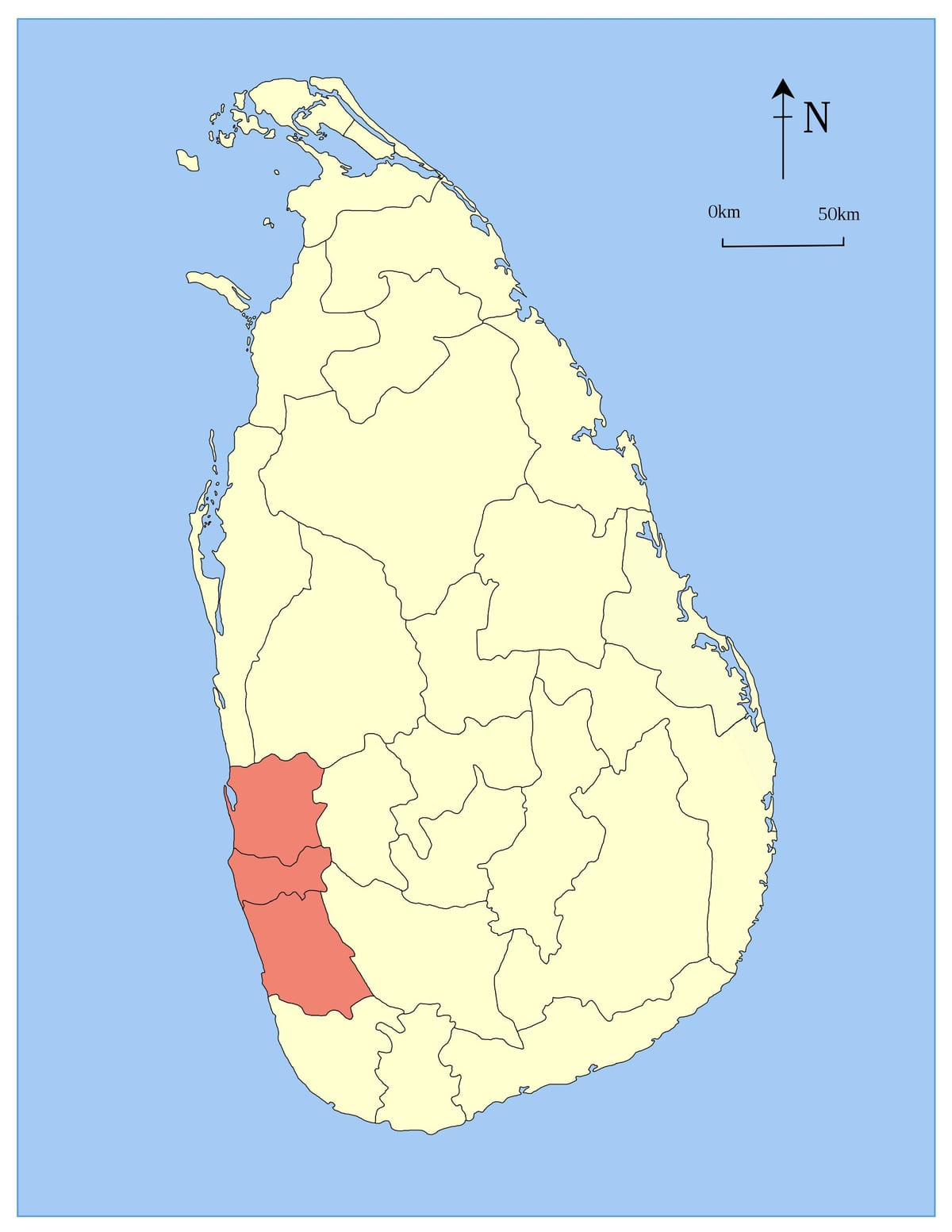 แผนที่ของศรีลังกา name ตะวันตกแสดงตัวอย่า