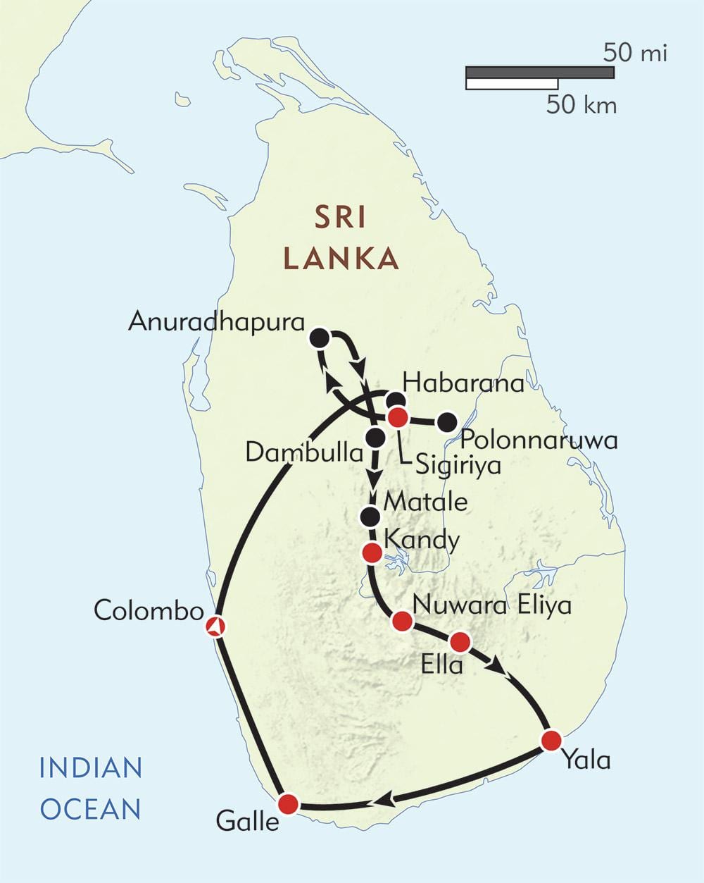 แผนที่ของศรีลังกา name itinerary