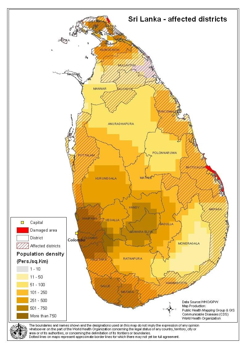 แผนที่ของศรี Lankan ประชากรความหนาแน่น